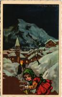 1930 Kellemes karácsonyi ünnepeket! / Christmas greeting art postcard with girl. CCM 2516. s: Castelli (EK)