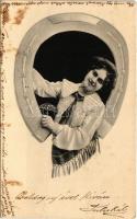 1904 Boldog Újévet! / New Year greeting art postcard with lady, horseshoe and mushroom (fl)