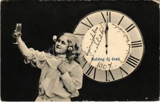 1906 Boldog Újévet! / New Year greeting art postcard, girl with clock and champagne (EK)