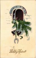 1915 Boldog Újévet! / New Year greeting art postcard with horseshoe. S.B. 6156. (fa)
