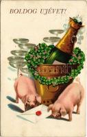 1928 Boldog Újévet! / New Year greeting art postcard with pigs, champagne and clovers (fl)