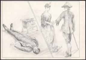 Várady Róbert (1950-): 6 db illusztráció Vészi Endre verseihez. Ceruza, papír. Jelzés nélkül, 3 db l...