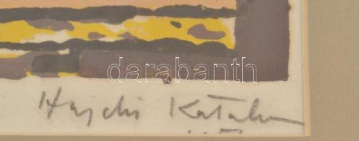 Hajdú Katalin (1932-): Csendélet. Linómetszet, papír, jelzett. Lap alja kissé foltos. Üvegezett fa k...