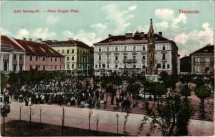 1908 Temesvár, Timisoara; Jenő herceg tér, piac, Rukavina műemlék, temesi Agrár takarékpénztár, Turul cipőgyár részv. társaság fiók üzlete. Tóth Béla kiadása / square, market, monument, savings bank, shop