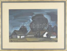 Tábori József (1928-2001): Tanya viharban. Tempera, papír. Jelzett. Üvegezett fakeretben, 29x41,5 cm