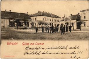 1899 (Vorläufer) Orsova, Fő tér, M. kir. állami iskola, Scheinberger Mór üzlete. Hutterer G. kiadása / school, shop, square (EK)