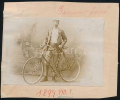 1899 Geszner Jenő kerékpárjával, papírlapra ragasztott, feliratozott fotó, 14x9,5 cm / Man with bicycle, vintage photo