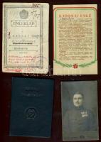 Katonai tétel, benne: keményhátú fotók, igazolvány, emléklap, katonai eskük illetve meghívó