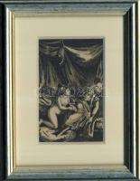 cca 1870 Török háremi pornót ábrázoló acélmetszet, keretben (12,5x16,5cm), Lipcse