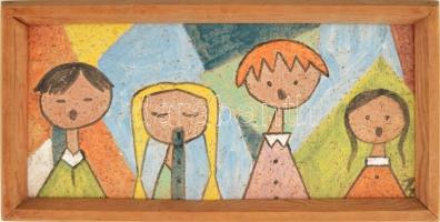 HE / HÉ ? jelzéssel: Gyermek kórus. Színes mázakkal festett samottos kerámia. Fakeretben. Korának megfelelő állapotban. 18,5x38,5 cm