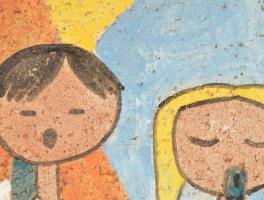 HE / HÉ ? jelzéssel: Gyermek kórus. Színes mázakkal festett samottos kerámia. Fakeretben. Korának me...