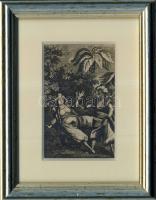 cca 1870 Török háremi pornót ábrázoló acélmetszet, keretben (12,5x16,5cm), Lipcse