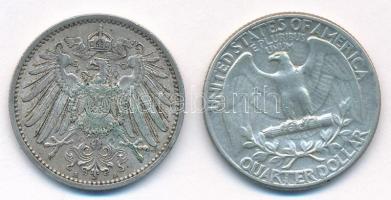 Vegyes: Német Birodalom 1907A 1M Ag + Amerikai Egyesült Államok 1964. 1/4$ Ag "Washington"...