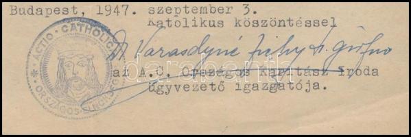 1947 Varasdy Sándorné, Zichy Henriette grófnő sk aláírása Actio Catholica levélen