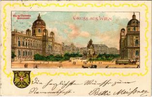 1904 Wien, Vienna, Bécs; Maria-Theresia Monument / street view, monument, horse-drawn tram, coat of arms. Art Nouveau, litho (EK)