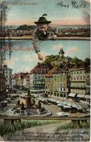 1905 Graz (Steiermark), Herzliche Grüsse aus... Hauptplatz / main square, market, shops, tram. Montage with Styrian boy (EK)