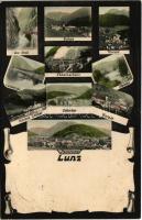 1905 Lunz am See, Die Noth, Totale, Lunzer-See, Ybbsthalbahn, Obersee, Oetscher, Schloss Seehof, Panorama / multi-view postcard with mountain railway and castle