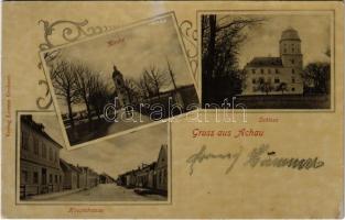 1904 Achau, Kirche, Hauptstrasse, Schloss / church, main street, shop, castle. Verlag Lorenz Grabner. H.N.W.I. Art Nouveau (pinholes)