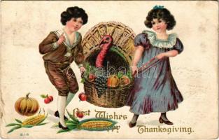 1913 Best wishes for a happy Thanksgiving! Greeting card with turkey and corn. Emb. litho (EB)