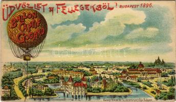 1896 Budapest - Üdvözlet a fellegekből! Eugéne Godard hőlégballonja (Ballon Captif Godard); Kunosy Vilmos és Fia zeneműnyomdájából. litho (EK)