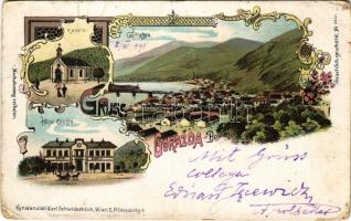 1898 (Vorläufer) Gorazde, Gorazda; Kapelle, Hotel Olehla / chapel, hotel. Karl Schwidernoch Art Nouveau, floral, litho (Rb)