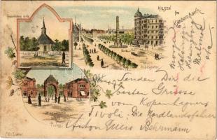 1895 (Vorläufer!!!) Copenhagen, Kobenhavn; Frederiksberg Kirke, Tivoli, Frihedstotten / church, street view, horse-drawn tram. Art Nouveau, floral, litho (fl)