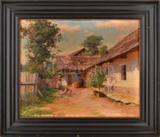 Szontágh Tibor (1873-1930): Napfényes udvar. Olaj, vászon, jelzett. Dekoratív, kissé sérült fakeretben. 50×60 cm