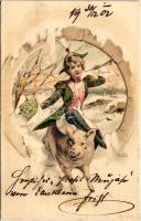 1902 Szecessziós újévi üdvözlet, malacon lovagló hölgy / Art Nouveau New Year greeting, lady riding on a pig. litho s: Hegedűs Geiger R. (EK)