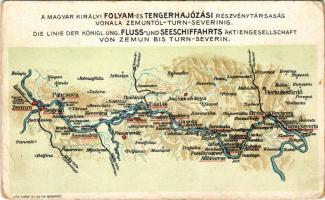 A Magyar Királyi Folyam- és Tengerhajózási Részvénytársaság vonala Zemuntól-Turn-Severinig; Klösz György és fia. Utazzunk MFTR magyar hajón! / Map of The Royal Hungarian River and Sea Shipping Lines Company, litho (EK)