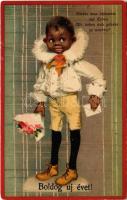 Boldog új évet! Fekete kisfiú / New Year greeting with black boy. litho (fl)