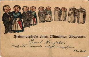1890 (Vorläufer!) Metamorphose eines Münchner Ehepaars / Egy münchen-i házaspár átalakulása söröskorsókká / Metamorphosis of a German married couple from München into a pair of beer mugs, humor (fa)