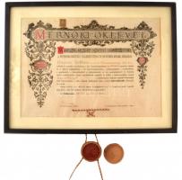 1931 Mérnöki diploma Csiszár Zoltán részére függő viaszpecséttel üvegezett keretben 50x70 cm