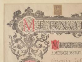 1931 Mérnöki diploma Csiszár Zoltán részére függő viaszpecséttel üvegezett keretben 50x70 cm