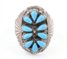 Ezüst(Ag) gyűrű türkizszínű kövekkel, jelzett, méret: 57, bruttó: 9,9 g