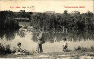 1907 Újverbász, Verbász, Novi Vrbas; Telecskai szőlők a Ferenc csatorna mentén, szőlőskertek, horgász. Kiadja Garamszegi Dezső 96. / vineyards along the canal, fisherman (EK)