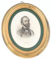 Barabás Miklós (1810-1898) rajza után, Josef Axmann metszése: Jókai Mór (1825-1904) portréja, 1858. Acélmetszet, papír, jelzett a nyomaton. Paszpartuban, ovális, üvegezett keretben, 15x11 cm (külső méret: 22,5x19 cm)