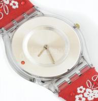 2005 Swatch svájci kvarc női karóra, hímzett mintás vászon szíjjal, működik