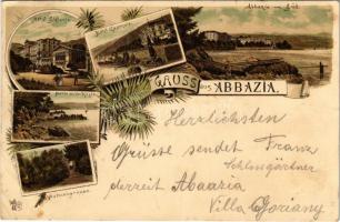 1904 Abbazia, Opatija; Hotel Stefanie, Hotel Quarnero, Abbazia von Süden, Partie an der Küste, Palmengruppe. O.Z.M. Art Nouveau, floral, litho (EK)
