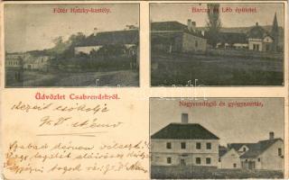 1903 Csabrendek, Fő tér, Hatzky kastély, Barcza és Lőb épületei, nagyvendéglő, gyógyszertár