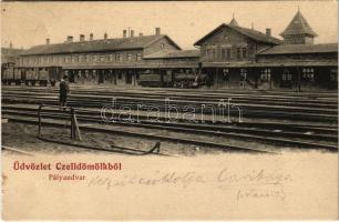 1905 Celldömölk, vasútállomás, gőzmozdony, vonat. Radó J.