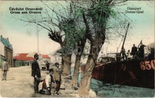 1908 Orsova, Duna part, uszály, török férfiak / Donai Quai / Danube riverside, barge, Turkish men