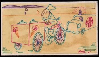 Erdei Sándor (1917-2002): Fagylaltárus a Balatonon (karikatúra), 1970 körül. Filctoll, papír, jelzett. Kartonra kasírozva. Kissé foltos. 8x15 cm