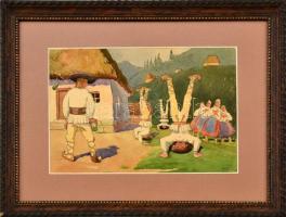 Pánczél Béla (1900-1966): Népi játék. Akvarell, tus, papír, jelzett. Paszpartuban, dekoratív, üvegezett fa keretben, 14x24 cm