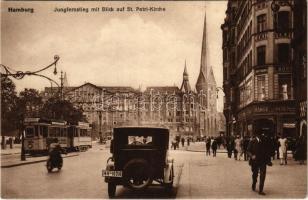 Hamburg, Jungfernstieg mit Blick auf St. Petri-Kirche / street view, tram, automobile, shops, church