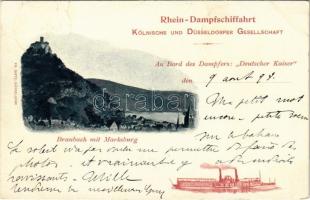 1898 (Vorläufer) Braubach mit Marksburg. An Bord des Dampfers "Deutscher Kaiser" Rhein-Dampfschiffahrt Kölnische und Düsseldorfer Gesellschaft / German steamship company, steamer line between Cologne and Düsseldorf, advertisement card