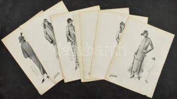 cca 1930 London Styles, 7 db kétoldalas art deco divatillusztráció, vegyes állapotban, 37x28 cm