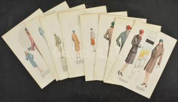 cca 1930 Le Tailleur Moderne, 10 db színes art deco divatillusztráció, vegyes állapotban, 34x24,5 cm