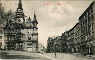 1916 Klodzko, Glatz; Ring, Hotel zum schwarzen Bär / square, town hall, shops of J. Brass, Georg Löwy, Carl Rittner, Max Thomas. Verlag J. Radzieowski (tear)