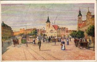 1918 Pozsony, Pressburg, Bratislava; Vásártér, villamos, piac / market, tram. Wiener Kunst B.K.W.I. 386-14. s: Marx Béla (EB)
