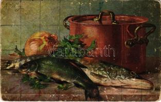 Still life art postcard with fish s: M. Billing (b)